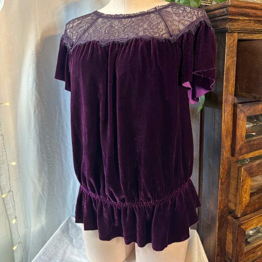 Free People Purple Silk Velvet Lace Top